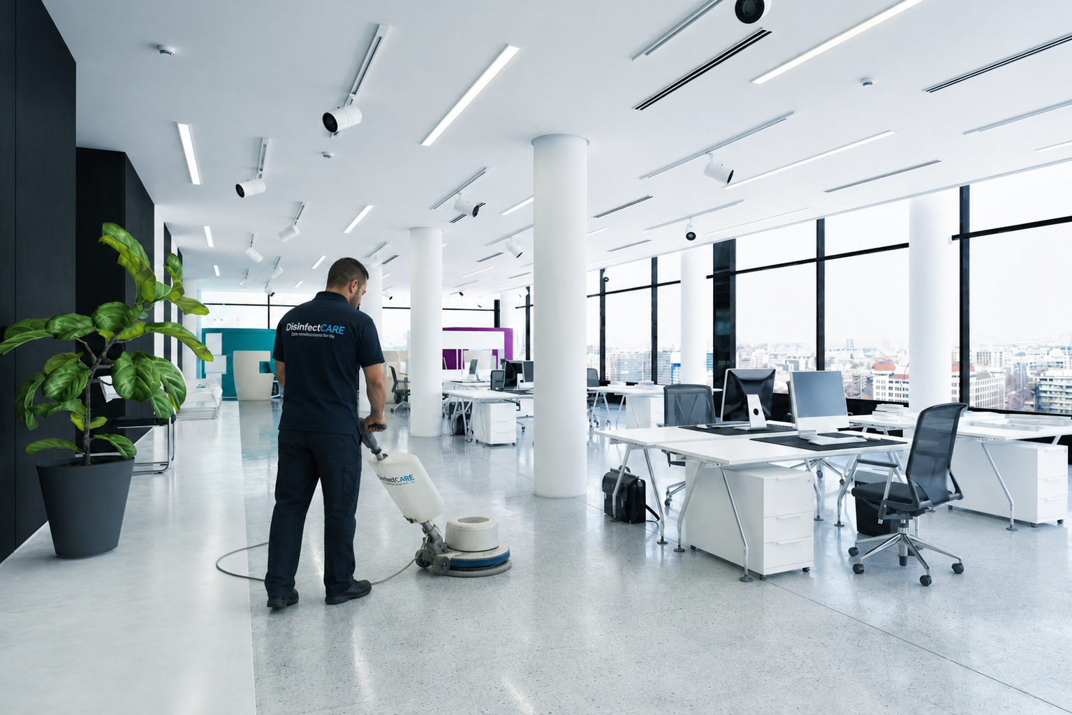 Clean and organized commercial workplace serviced by DisinfectCARE
